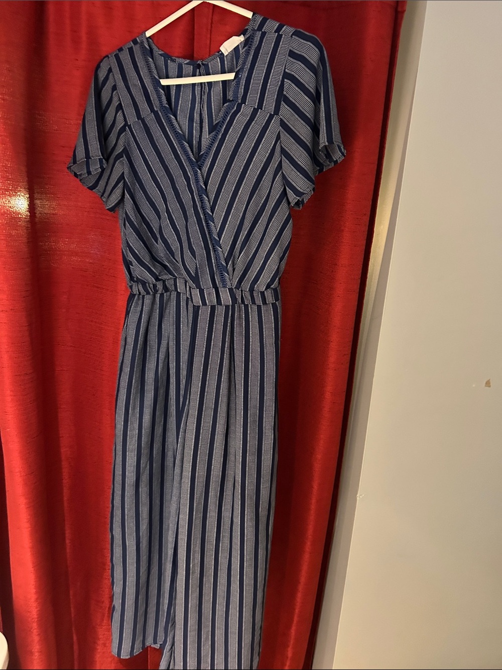 Sienna Sky Navy and White Striped Wrap-Front Jumpsuit